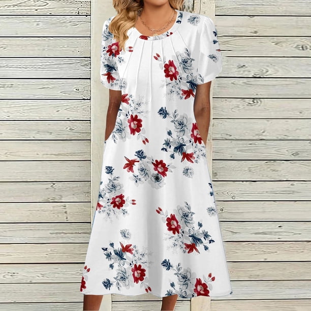 WILLBEST Vestidos de Mujer Vestido Informal de Manga Corta con Cuello Redondo y Estampado Floral para Mujer, Vestido Largo con Bolsillos y Encaje Dividido Grande