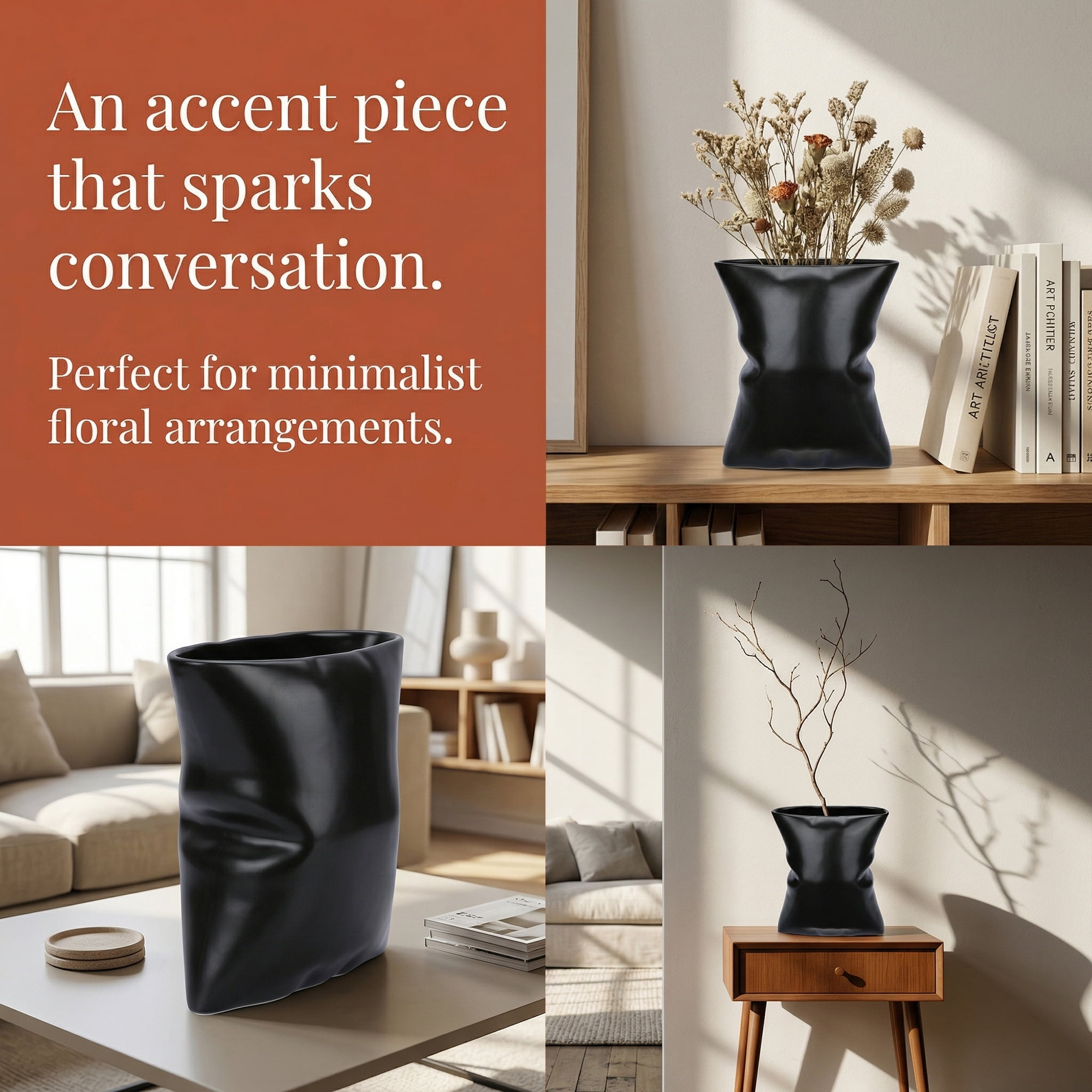 Unique Bargains Modern Ceramic Large Opening Flower Vase Black 5.6"L x 4.2"W x 6.2"H