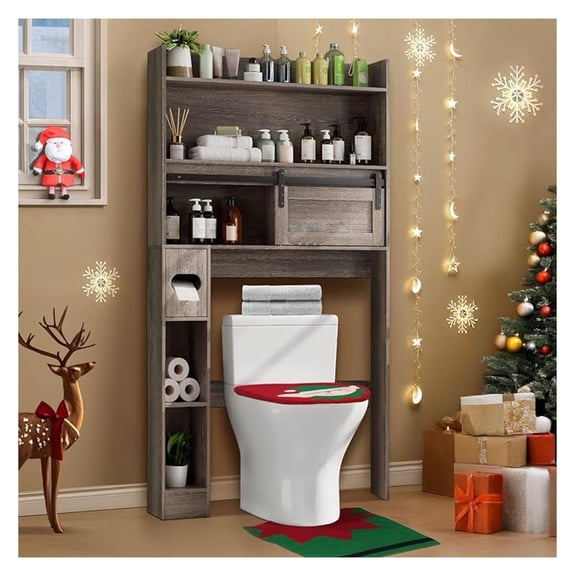 Farmhouse Over The Toilet Storage Cabinet 32.1 inch, Bathroom Storage Cabinet with Sliding Doors, Home Space-Saving Toilet Rack for Bathroom Restroom & Laundry
