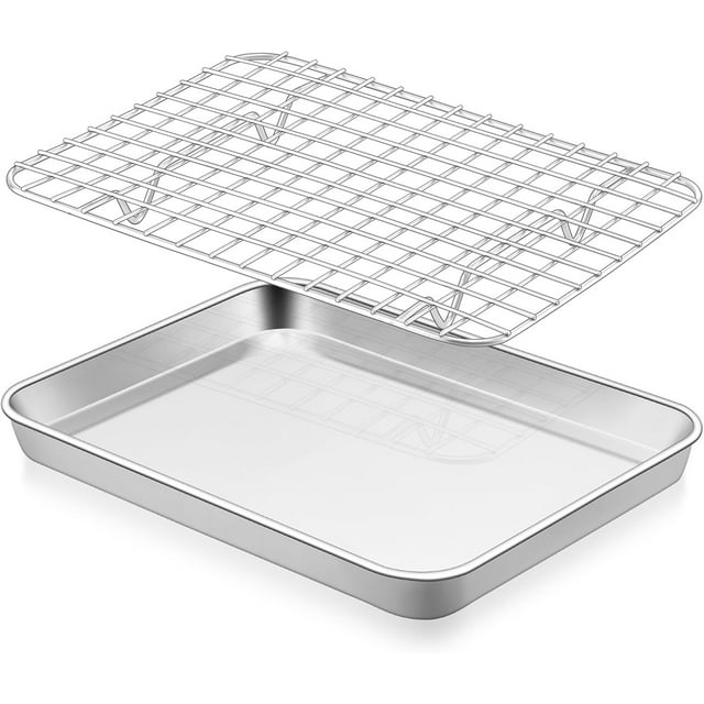 Stainless Steel Baking Sheet with Wire Rack Set .\uD x .\uD Cookie Sheet Baking Pan for Toaster Oven Small Metal Tray with Cooling Rack for Cooking Roasting & Dishwashe