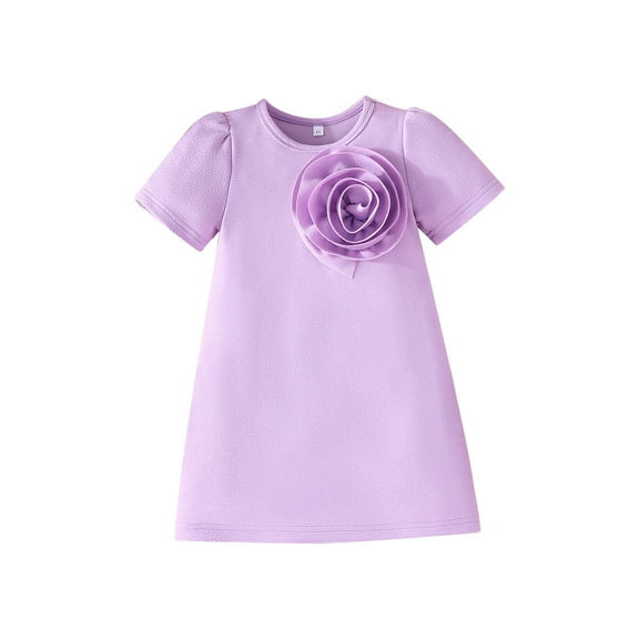 QTOCIO Toddler Girls Dresses, Baby Girl Summer Clothes, Children's Girls Elegant Flower Short-sleeved Round Neck Straight Dress Casual Dress, Purple, 2 Years