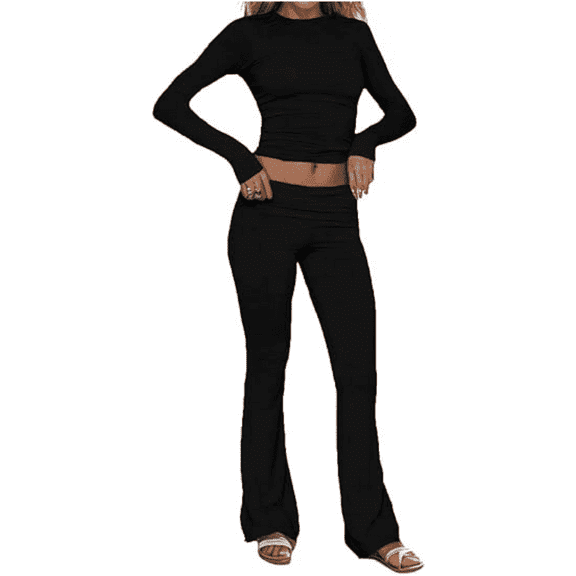 Women's Casual Pajama Set, Slim Fit, Long Sleeve, Round Neck, Black