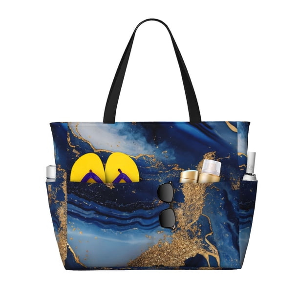 Fotbe Navy Blue Marble Bolsa de Viaje para Playa - Resistente al Agua, Bolsa Tote de Gran Capacidad y Ligera con 7 Bolsillos para Mujeres y Hombres