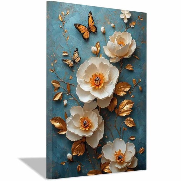 Mudket Framed,Canvas Wall Art,Ready to Hang,White Peony Golden Leaves Orange Butterfly Floral Canvas Print, Botanical Wall Decor, for Bedroom Living Room Office Decor - 12"L x 8"W