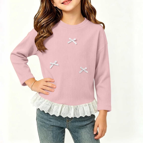 Cethrio Girls Long Sleeve Tops Size 10-12, Crew Neck Casual Pullover Knitted Kids Fall Undershirts Pink