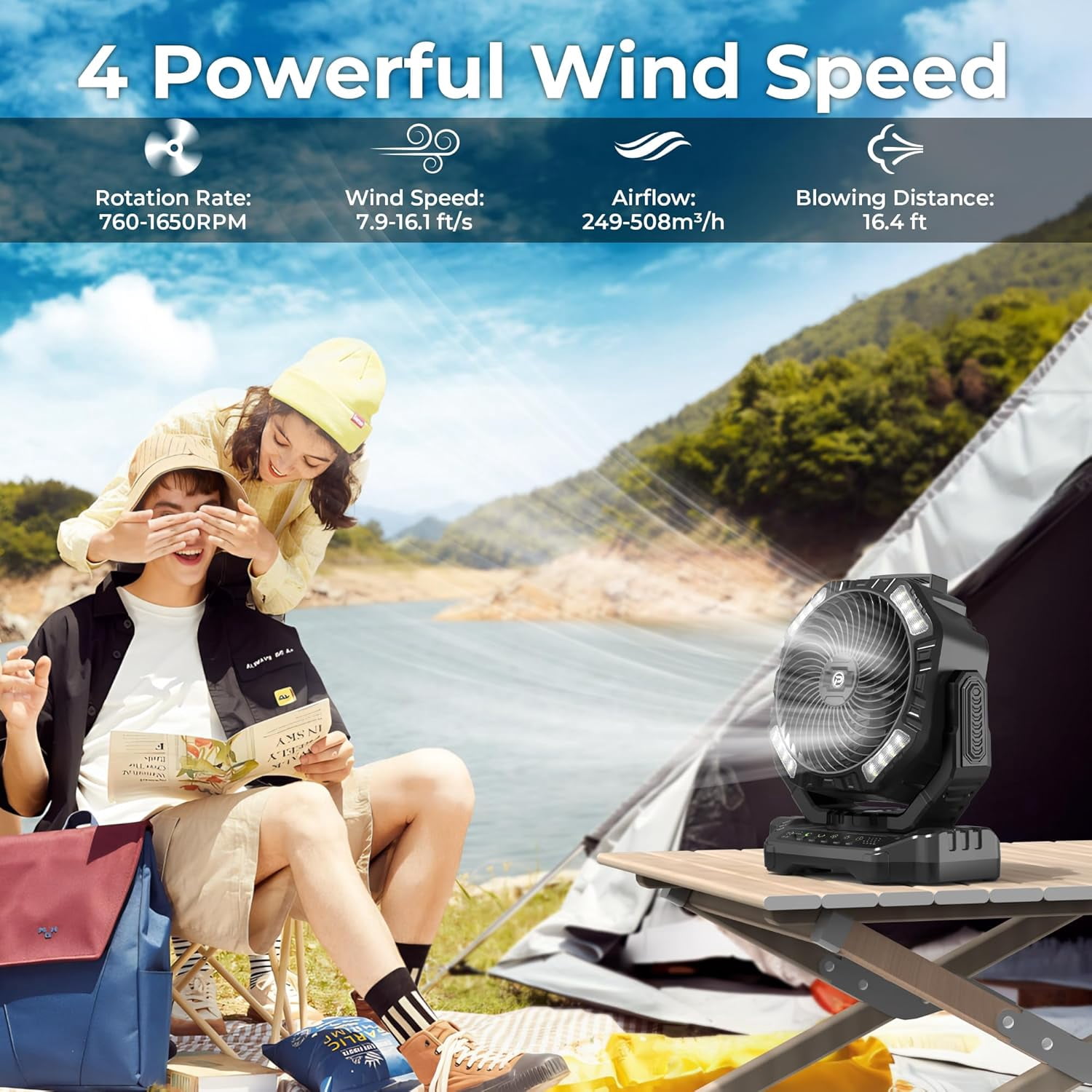 40000mAh Camping Fan with Light - 12in Rechargeable Battery Powered Fan (136H Cool Max), 90Auto Oscillating with Remote & Charger, 4 Speeds & Timers for Outdoor/Patio/Garage/Jobsite/Hurricane/Outage