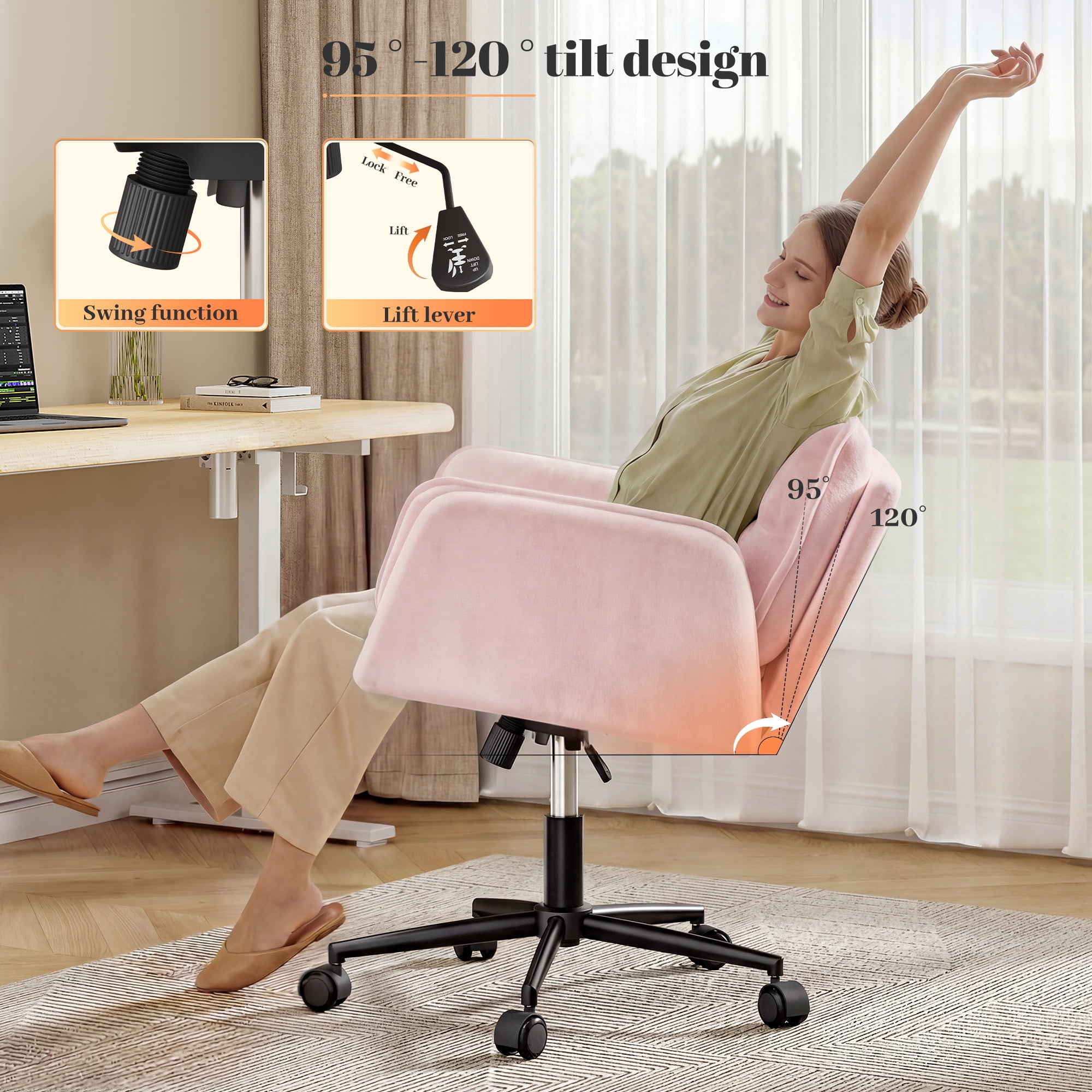Romorgniz Criss Cross Chair with Wheels Plush Fleece Vanity Chair with 5-Gear Adjustable Armrests Ergonomic Office Chair for Home Office, Pink