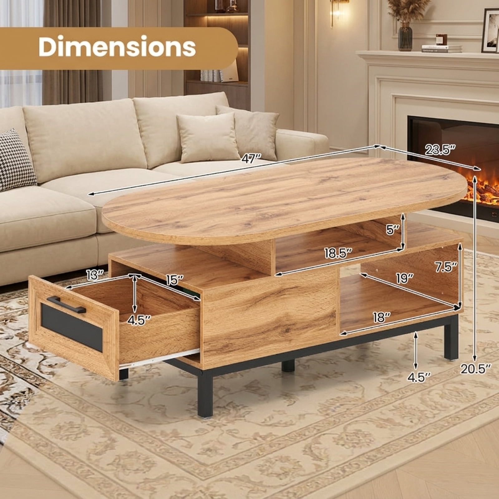 Furnibear 47 Inch Oval Coffee Table with Storage and Open Compartments for Living Room - Natural - Living Room Cocktail Center Table