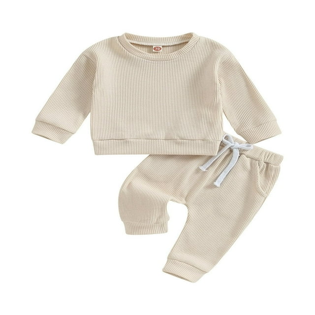 Toddler Baby Waffle Fall Outfits Solid Color Long Sleeve Sweatshirt Tops Pocket Pants Set Winter Clothes 0-6 Months