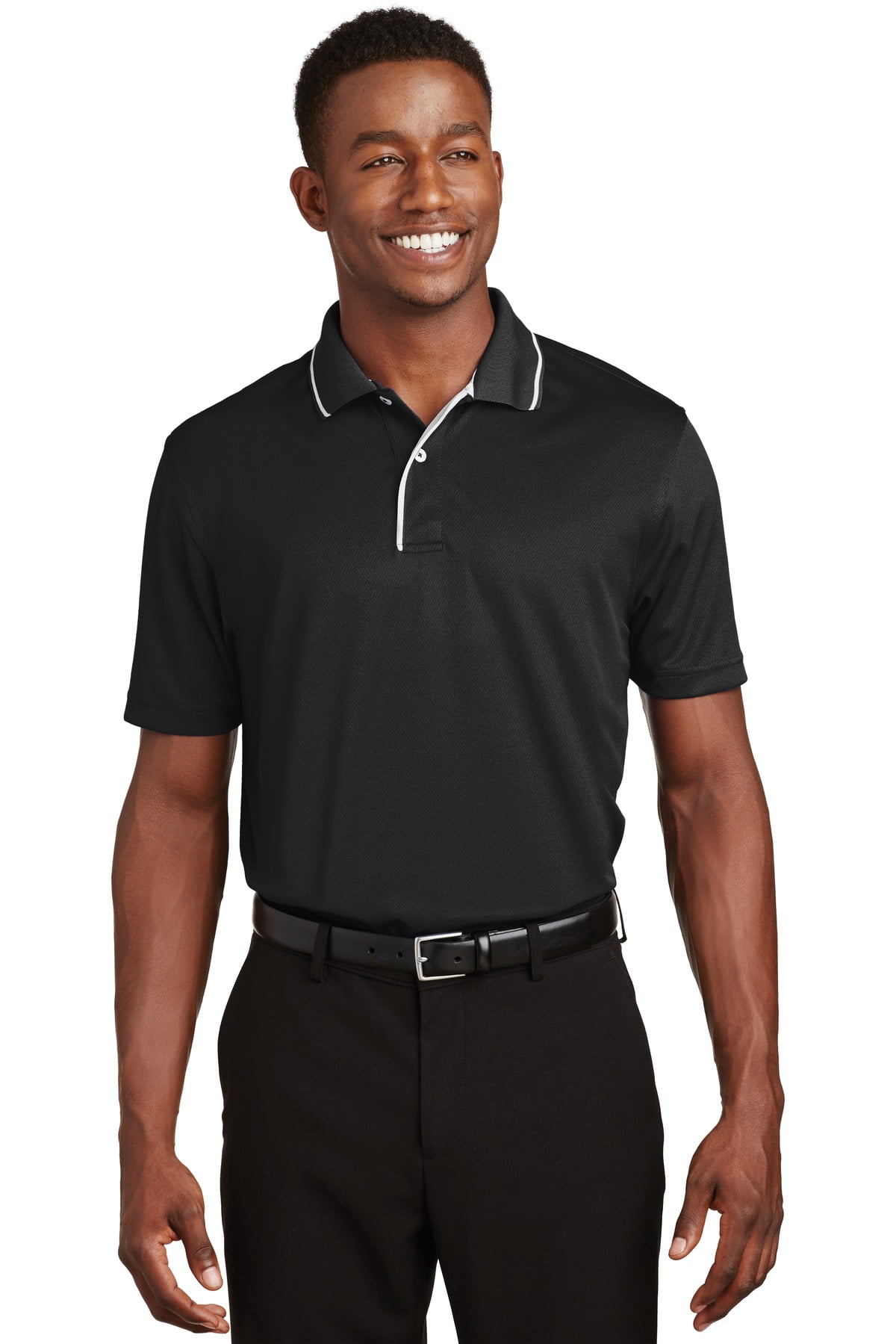Sport-Tek Dri Mesh Polo with Tipped Collar and Piping-L (Black/White ...