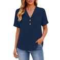 thumbnail image 6 of Yrmaups Loose Fit Short Sleeve Button Down Blouse for Women, Casual Collared Top, Soft Stretch Tee for Beach Travel Office Everyday Wear, Navy M, 6 of 6