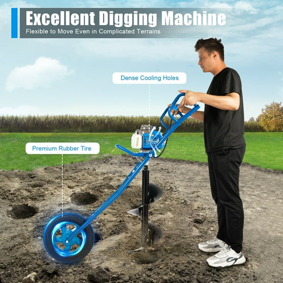 63CC 3hp Gas Powered Post Hole Digger Earth Auger Wheeled Ground Drill w/12" Bit for Farms and Gardens