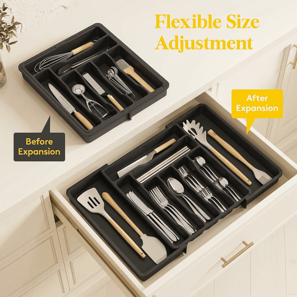 Norcho Expandable Utensil Organizer Drawer, Adjustable Cooking Silverware Tray, Plastic Spatula Tools Divider 13-22.4"x15" Black