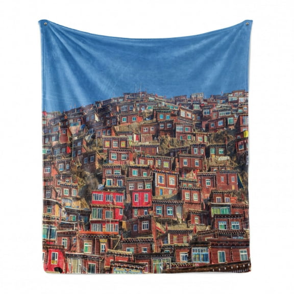 Tibetan Soft Flannel Fleece Throw Blanket, Old Houses at Larung Gar in Clear Sunny Day Travel Picture Sichuan China, Cozy Plush for Indoor and Outdoor Use, 50" x 70", Multicolor, by Ambesonne