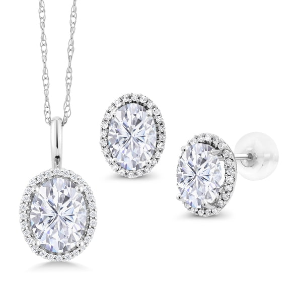 Gem Stone King White Moissanite and Diamond Halo Pendant and Earrings Jewelry Set for Women | 10K White Gold | Oval 8X6MM and 7X5MM | 3.83 Cttw | With 18 inch Gold Chain