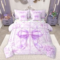 Castle Fairy Kawaii Floral Bowknot Girl Twin Bedding Sets 7-Piece,Dreamy Flowers Bedding Comforter Set Microfiber,Bling Jewelry Bowtie Breathable Sheet Sets,Super Cozy Room Decor,Reversible