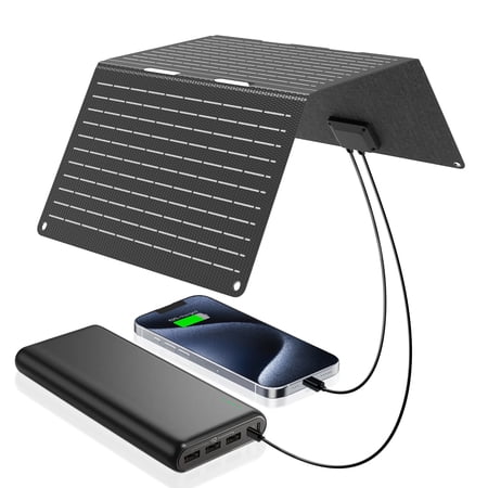 Ecosonique 30W Portable Foldable Solar Panel with USB C & USB A Fast Charging Waterproof for Camping Backpacking Compatible with Cell Phone, iPhone, iPad, Samsung Galaxy, LG, Power Banks