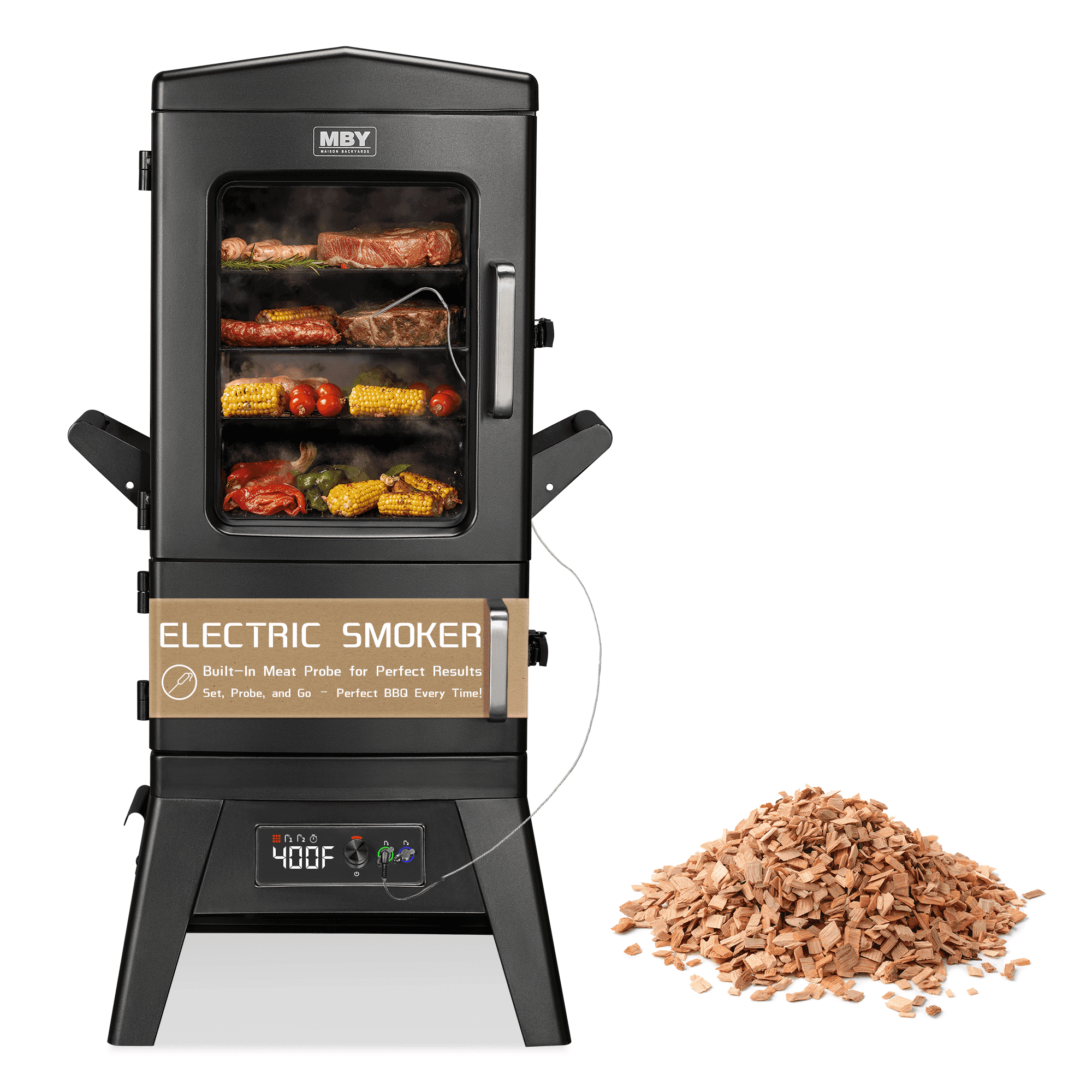JXXM 40" Electric Smoker Grill, Black – Vertical BBQ Smoker with 633 Sq In Cooking Space, 4 Removable Racks, Meat Probe & Easy-Load Wood Chip Tray