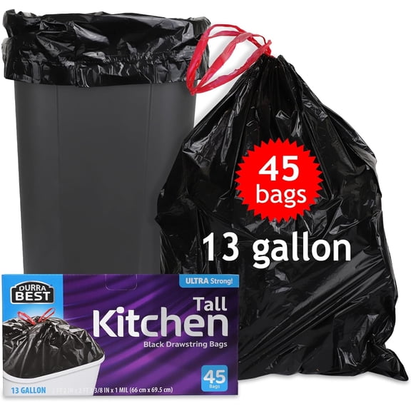DURRA BEST. Tall Kitchen Drawstring Trash Bags 13 Gallon | 45 Count | Kitchen Garbage Bags | Black | Ultra Strong 1 MIL | 13 Gallon Capacity