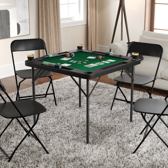 Flash Furniture 34.5" Square 4-Player Black Folding Card Game Table with Green Playing Surface and Cup Holders