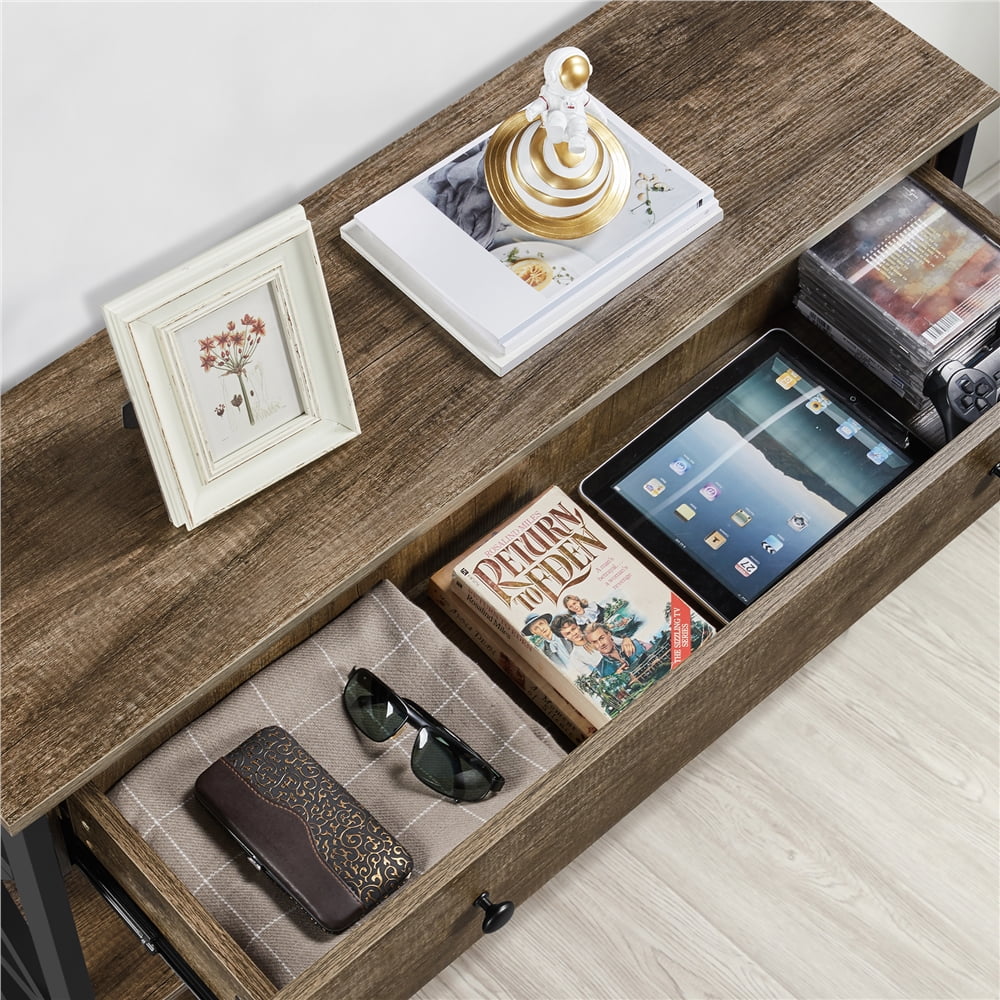 Alden Design Vintage Wooden Console Table with Power Outlet for Entryway, Taupe Wood