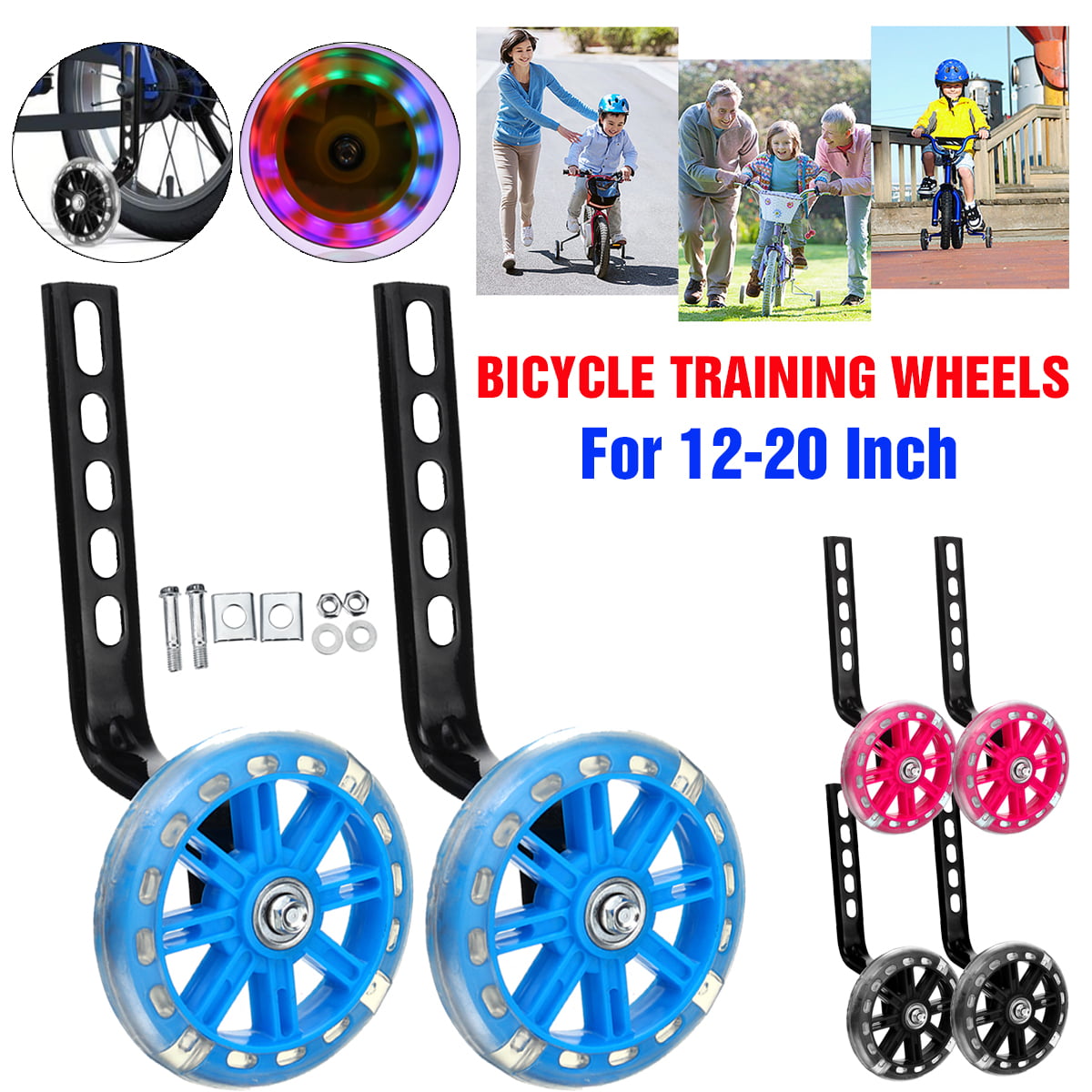 Cycle LED Training Wheels Kids Flashing Bike Universal Stabilisers 12-20" Inch 