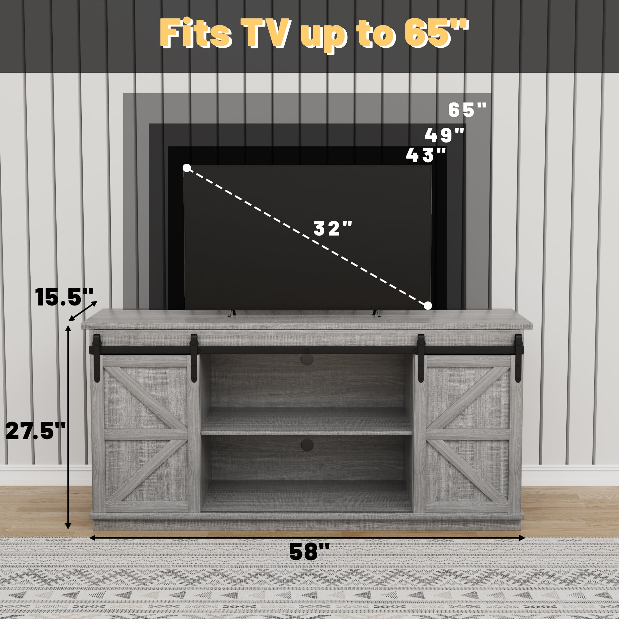 Vineego 58 inch Farmhouse TV Stand and Entertainment Center for Televisions,with Sliding Barn Doors and Storage Cabinets,Gray