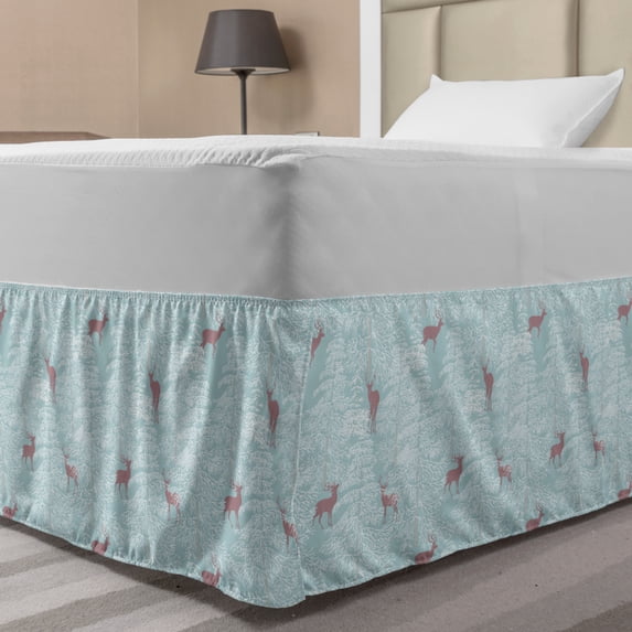 Deer Bed Skirt, Winter Forest Background with Reindeer Abstract Fir Tree Pattern Snowy Nature, Elastic Bedskirt Dust Ruffle Wrap Around for Bedding Decor, 4 Sizes, Bluegrey Dried Rose, by Ambesonne