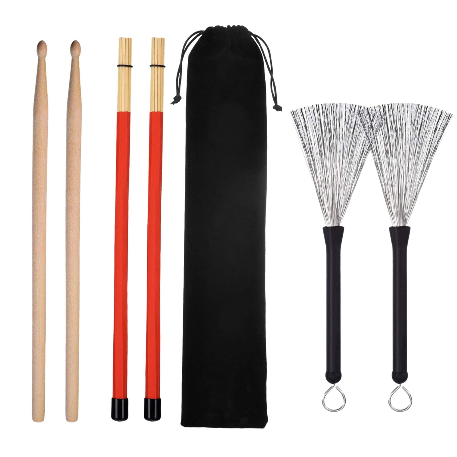 QccHieUs Drumsticks Set Durable and 1 Pair Rods Drum Brushes with Storage Pouch for Music