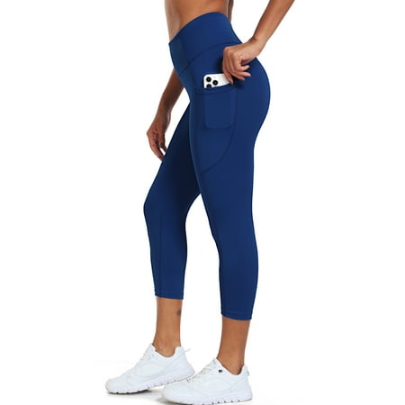 NELEUS Womens High Waist Capri Yoga Leggings Cropped Pant for Workout with Two Pockets,Navy Blue,US Size L