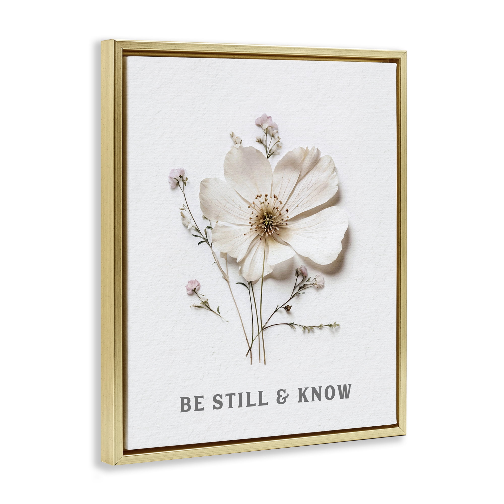 Be Still & Know Pressed Flowers Gold Framed Floater Canvas Wall Art, design by Lettered and Lined