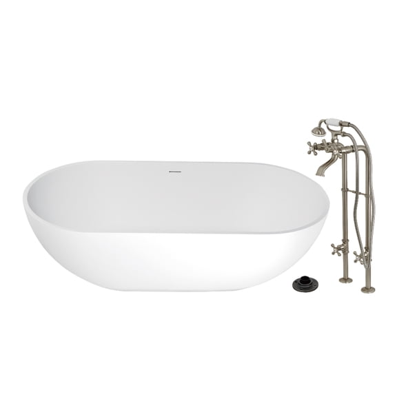 Kingston Brass KRTRS7035266K8 70" Solid Surface Oval Double Ended Freestanding Tub with Faucet Combo and Drain, Brushed Nickel
