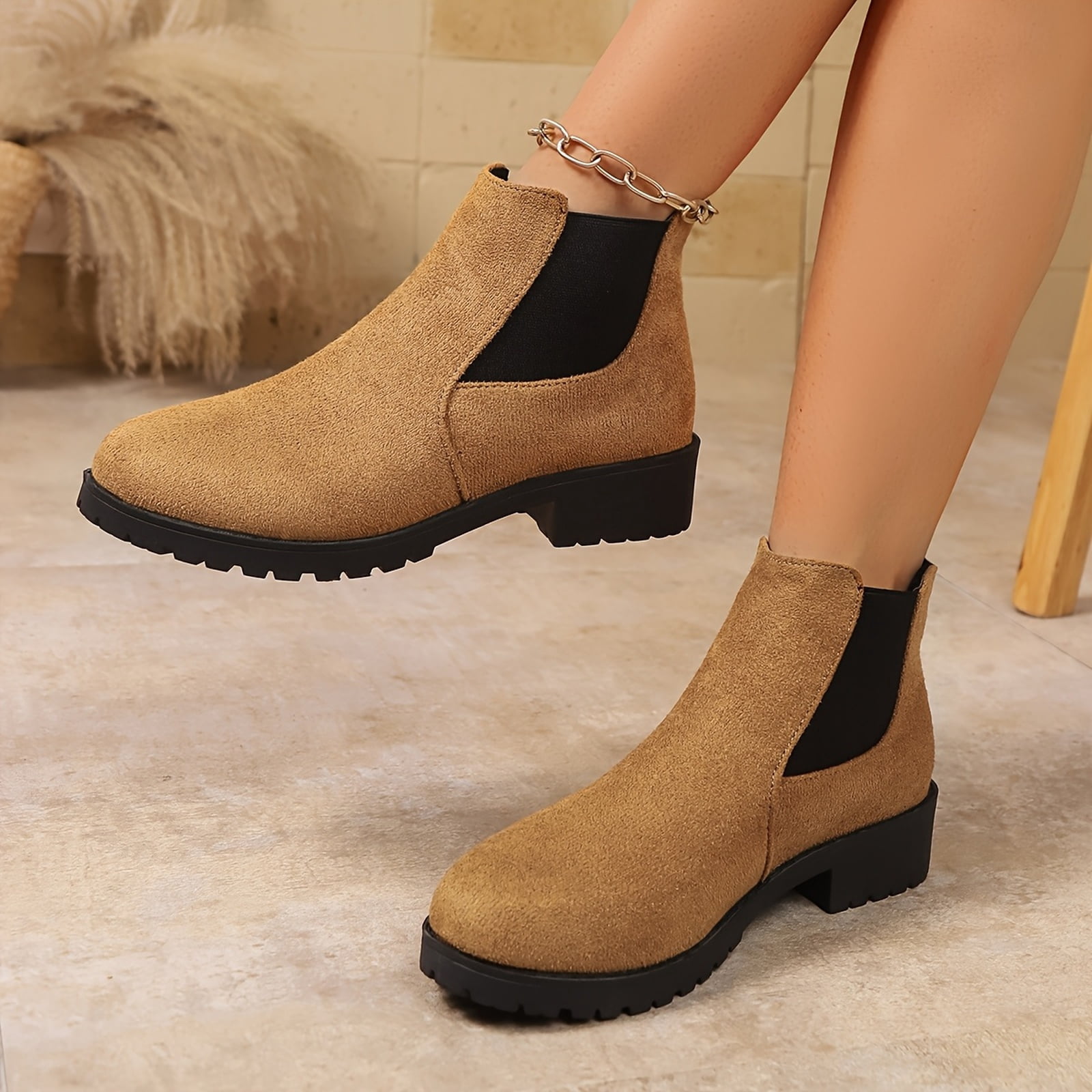 Women's Ankle Boots Chunky Low Heels Booties Slip On Elastic Fall Short Boots Women Round Toe Casual Solid Suede Comfortable Bootie Outdoor Non-Slip Hiking Riding Boot Walking Shoes Earthy Yellow