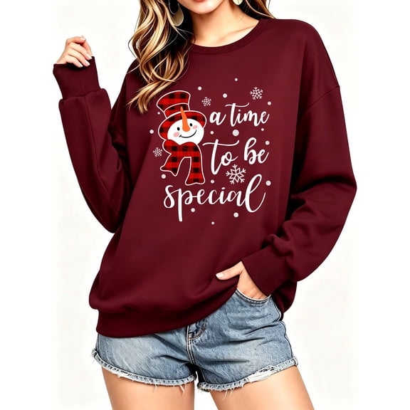 MecTo Women Oversized Crewneck Sweatshirt Buffalo Plaid Snowman Christmas Graphic Long Sleeve Winter Holiday Pullover Top