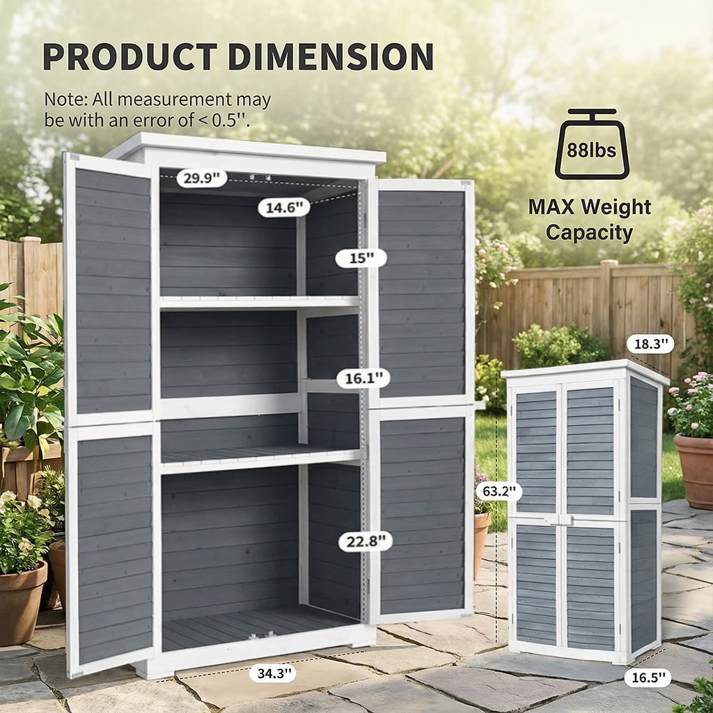 63.2" Outdoor Storage Cabinet with Adjustable Shelves, Aiho Wooden Outdoor Storage Shed with Lockable Double Doors for Backyard, Garden & Patio - Gray
