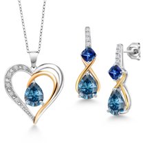 925 Sterling Silver and 10K Yellow Gold Persian Blue Moissanite Blue Created Sapphire and White Lab Grown Diamond Pendant Necklace Earrings Set for Women (4.18 Cttw, with 18 inch Chain)