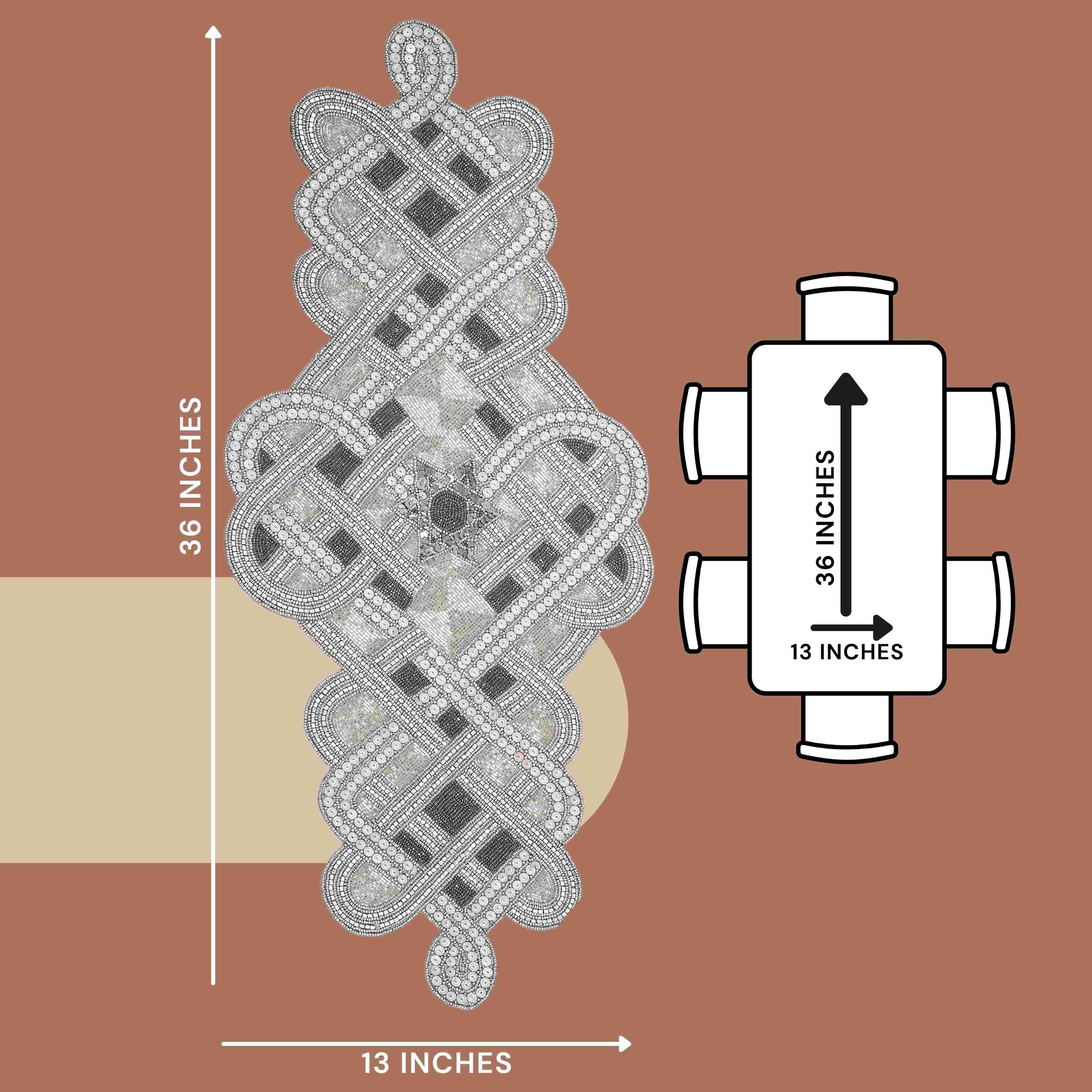 Handmade Floral Decorative Glass Beaded Table Runner for Table Decor - Grey & Silver (36x13in)