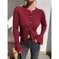 thumbnail image 4 of Women Trendy Crew Neck Ribbed Knit Crop Bell Long Sleeve Open Front Button Down Sweater Shirt Fall Outfit Wine Red L, 4 of 7