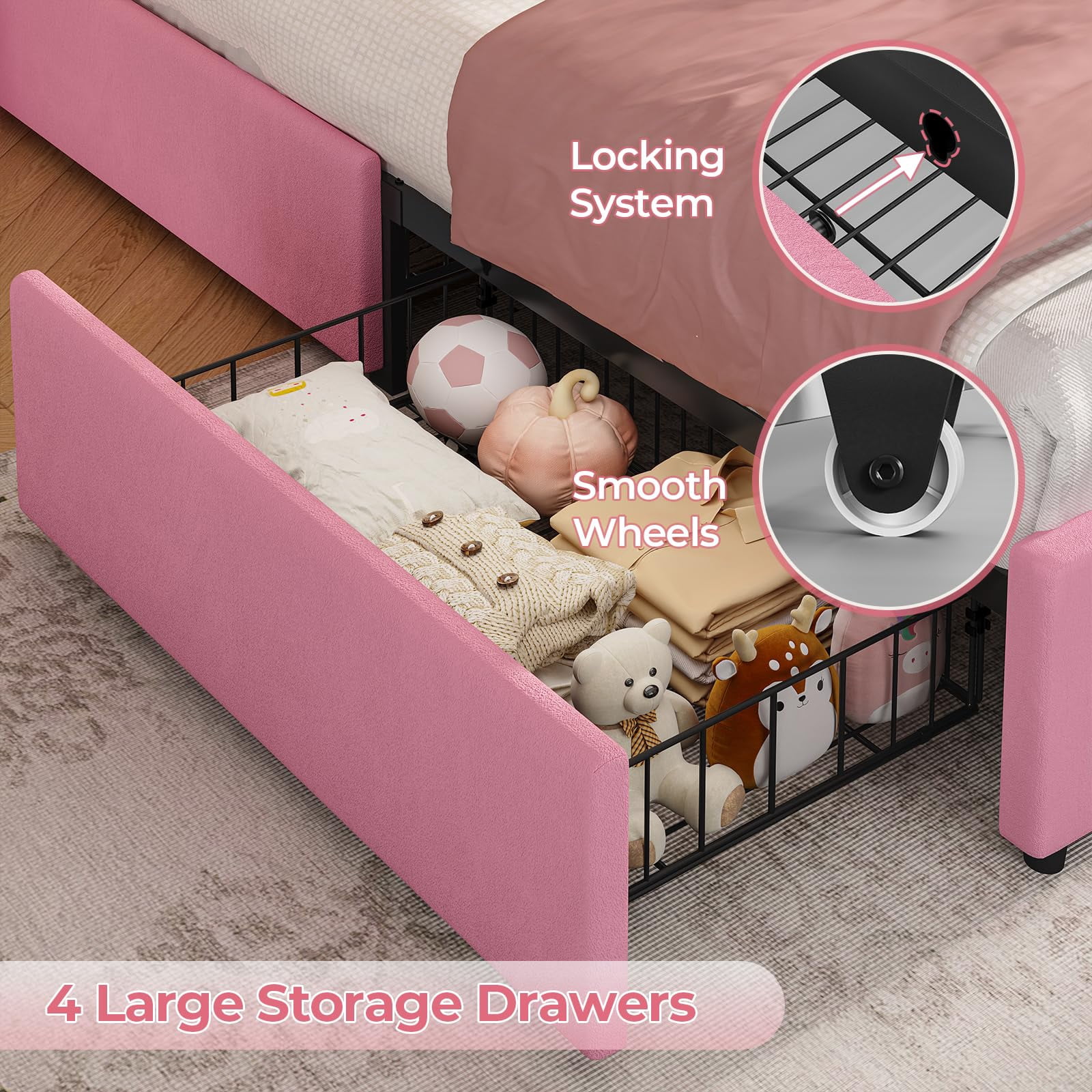 Twin Bed Frame with 4 Drawers, LED Lights Headboard,Twin Girl Bed Princess Velvet Upholstered Platform Bed,Heavy Steel Slats Support, Pink