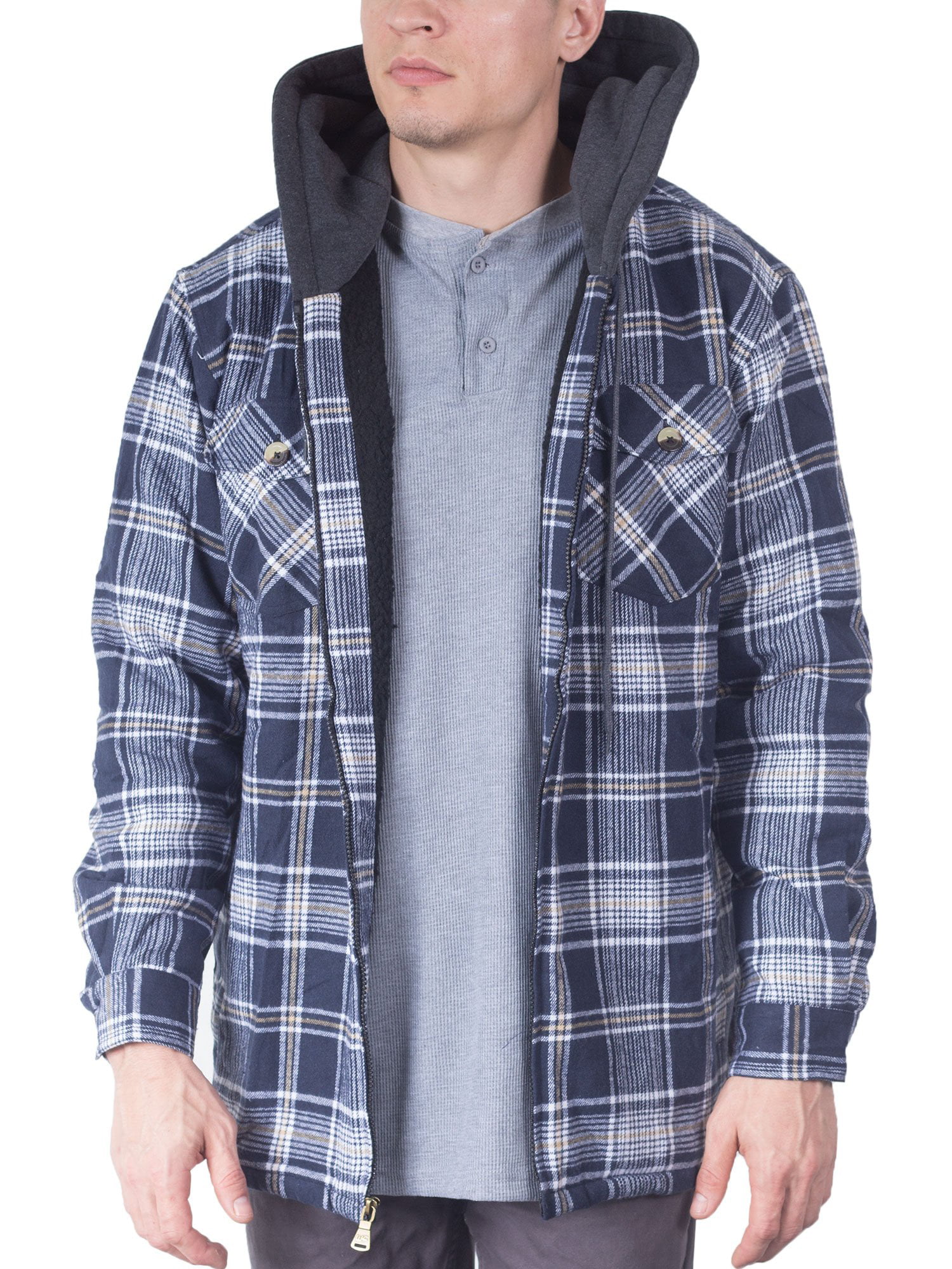 Visive Flannel Jackets for Men Shirt Hooded Zip Up Sherpa Quilted Hoodie 5XL Black Grey 
