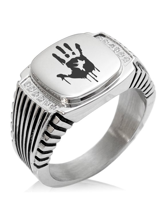 Stainless Steel Biohazard Zombie Hand Mark CZ Ribbed Needle Stripe Pattern Biker Style Polished Ring