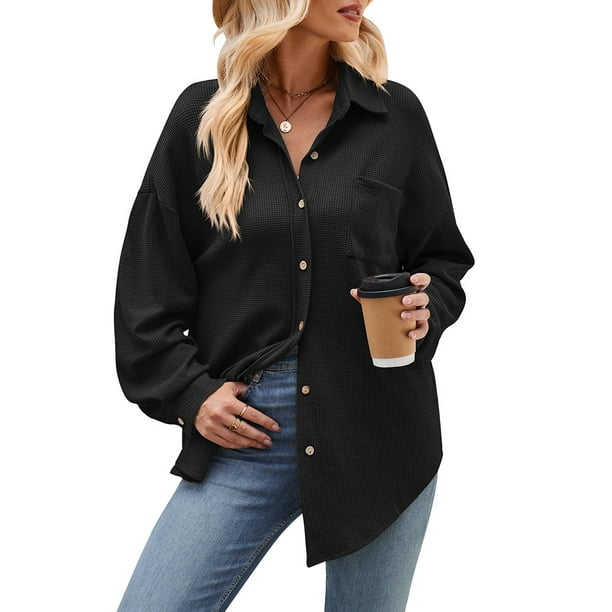 Camisa de mujer, blusas lisas, camisa de gofre, camisas elegantes, blusas con cuello en V, blusa túnica, blusa camisera de manga larga con botones, blusa camisera informal, festiva S-XXL