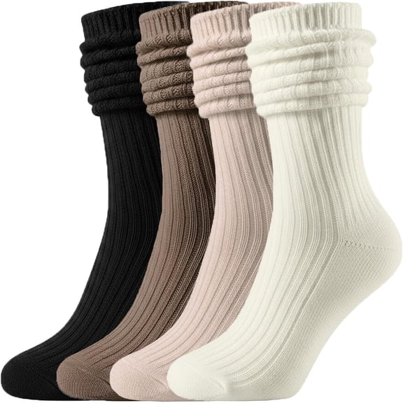 CoCoMangos Womens Slouch Long Socks: 4 Pairs Boot Socks Pairs with Sneakers - Knit Ribbed Fabric
