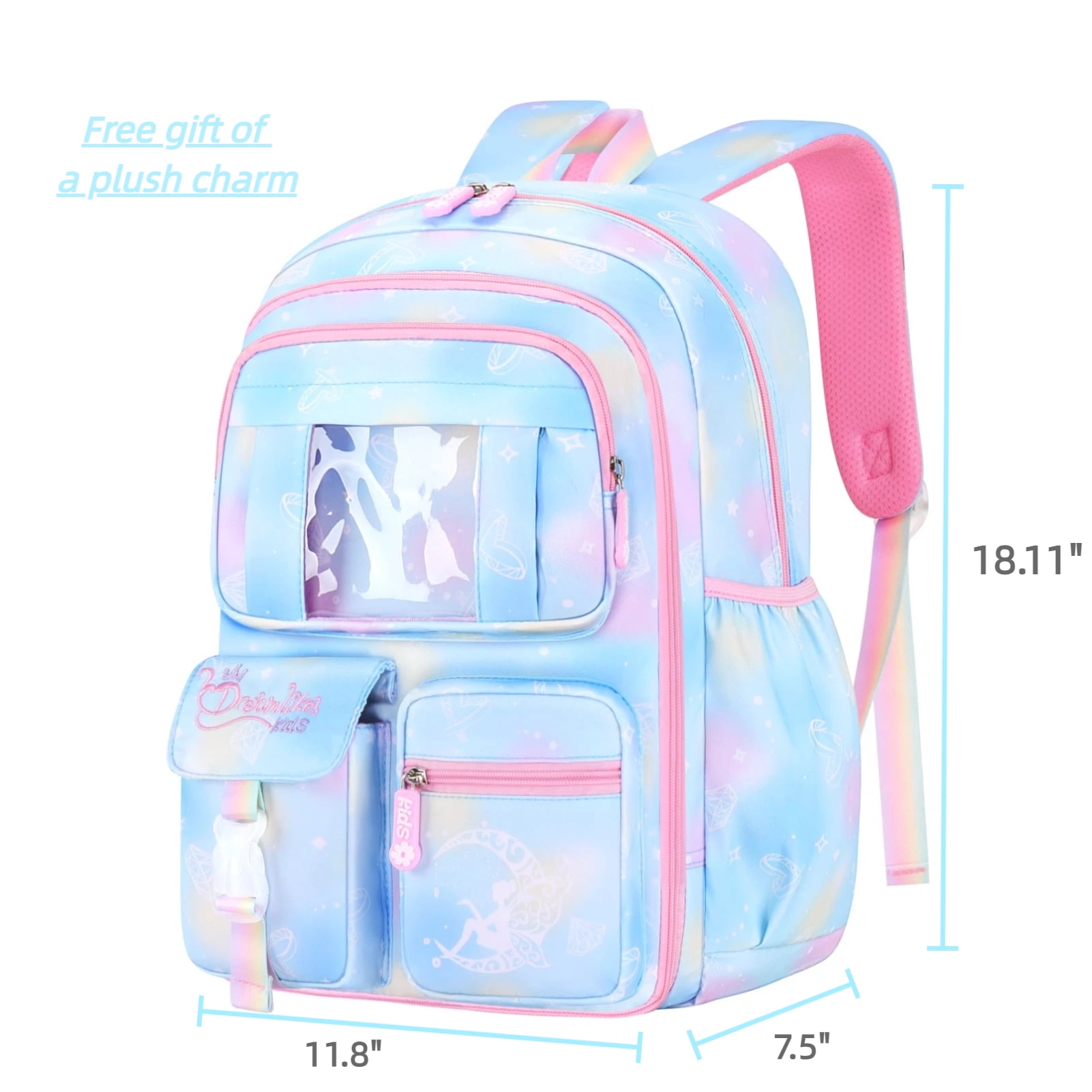 Backpacks for Girls with Charm,Schoolbags for Primary School Students In Grades 3-6,Waterproof Large-Capacity Girls Bookbag,Dreamy Blue