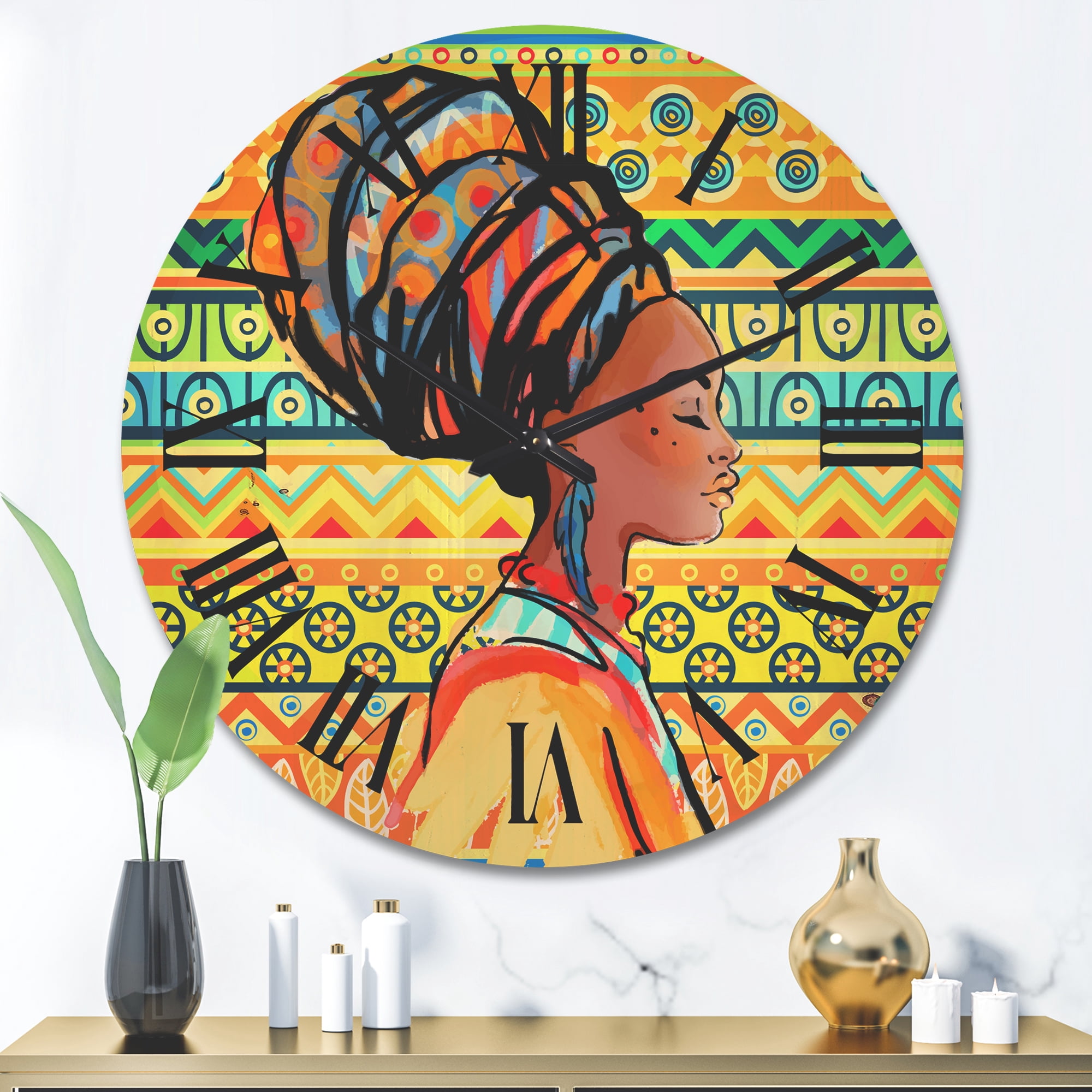 Designart 'African American Woman Portrait with Turban III' Modern Wood Wall Clock