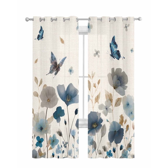 Blue Floral Sheer Curtains 63 Inch Length 2 Panels Set for Living Room/Bedroom, Spring Watercolor Flowers Butterflies Beige Kitchen Curtains Grommet Semi-Sheer Curtains Window Treatments 42"x63"x2