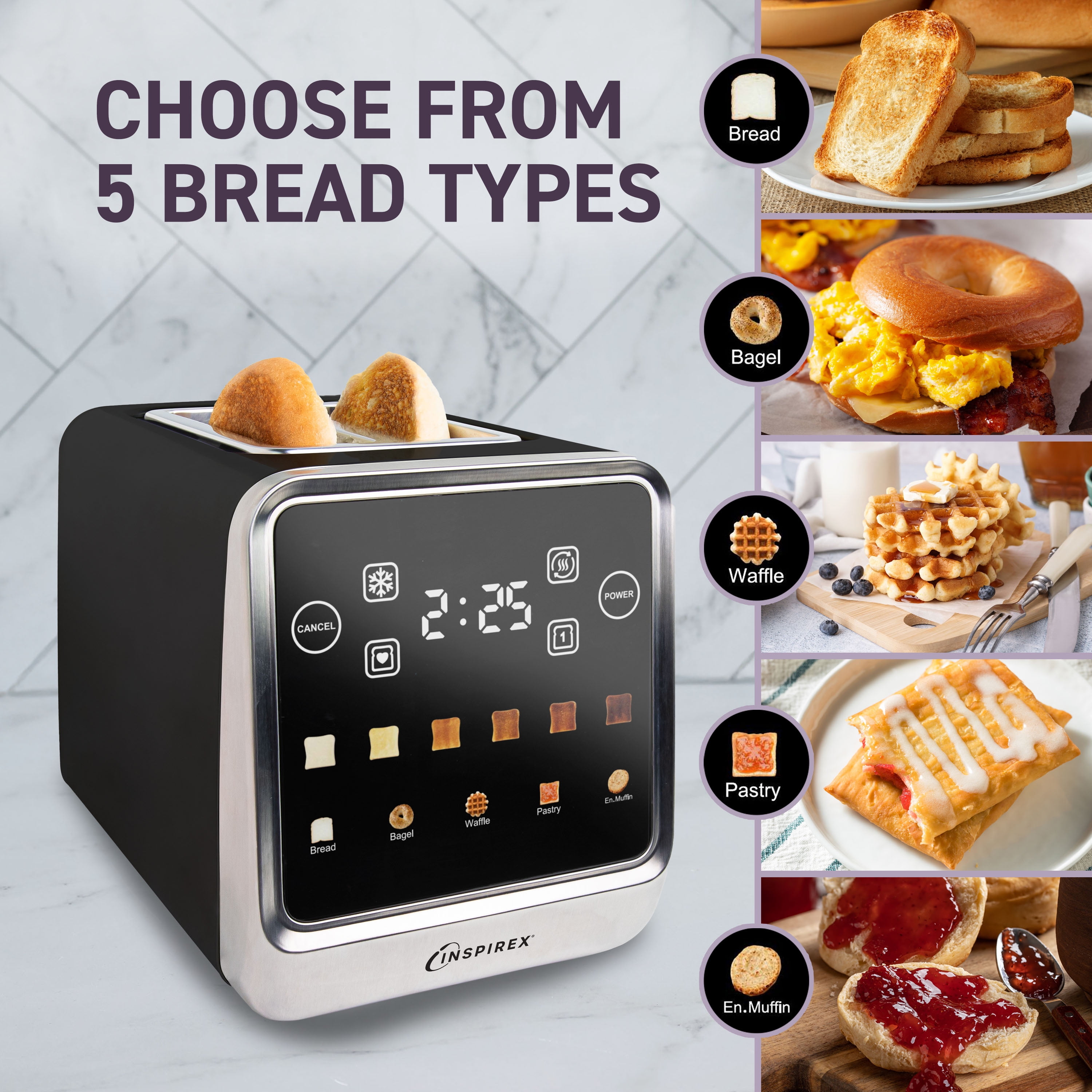 Inspirex Modern 2 Slice Toaster, Smart Toaster with Intuitive Touchscreen Interface, Black