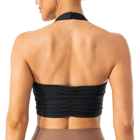 Women s Halter Sports Bra Pleated Longline Padded Yoga Crop Bras Top