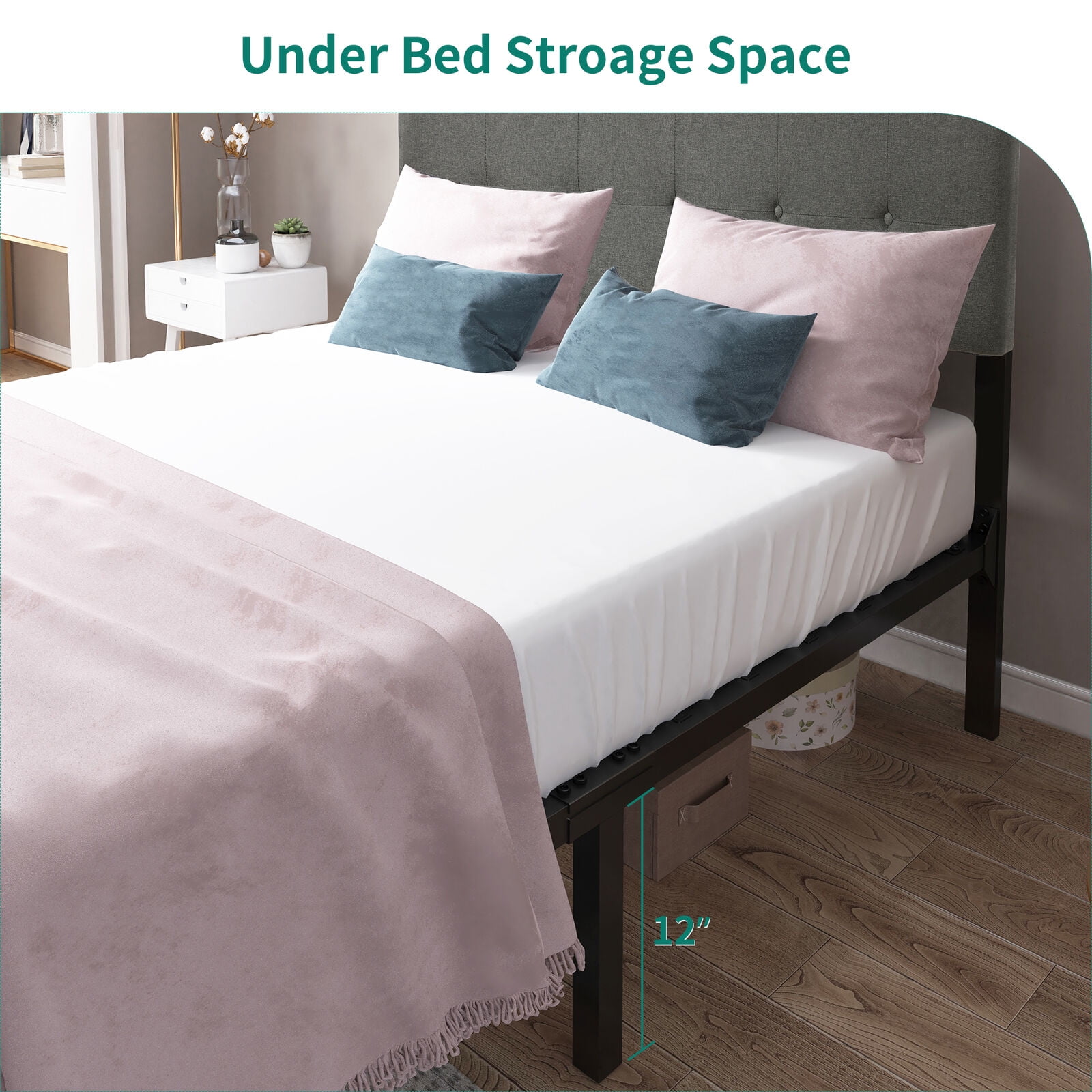Dextrus Queen Upholstered Platform Bed Frame with Adjustable Headboard, No Box Spring Needed