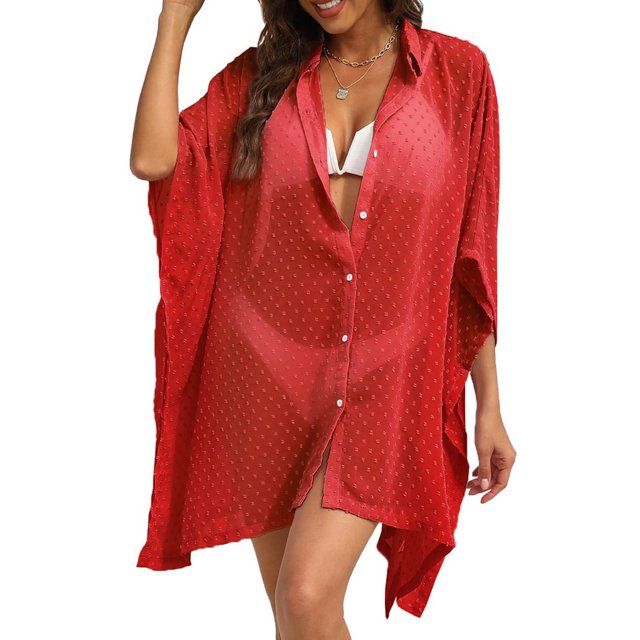 SAYOO Camisa de playa informal para mujer, textura de lunares, manga 3/4, cubierta suelta transparente SAYOO Sexy